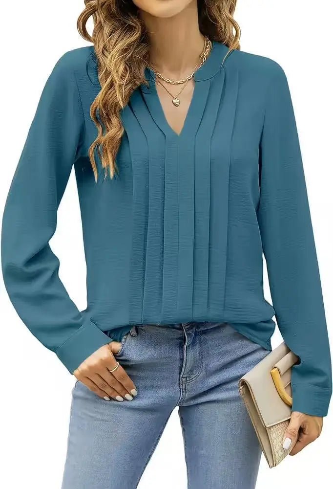 Temperament Commute Long Sleeve Solid Color Sweet Top Women's V - neck Design - Honesty Sales