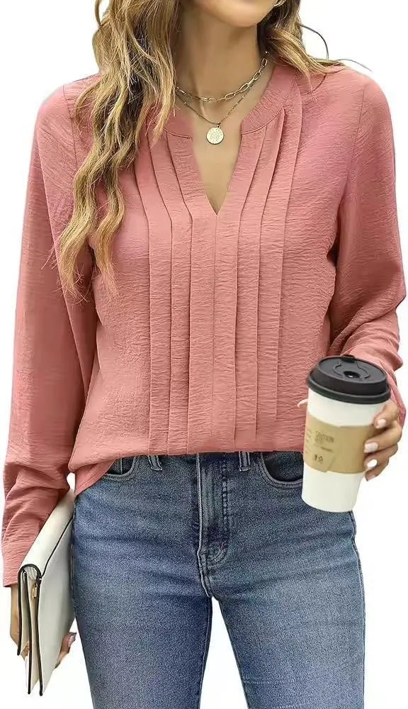 Temperament Commute Long Sleeve Solid Color Sweet Top Women's V - neck Design - Honesty Sales