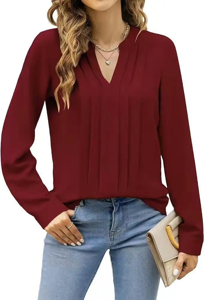 Temperament Commute Long Sleeve Solid Color Sweet Top Women's V - neck Design - Honesty Sales