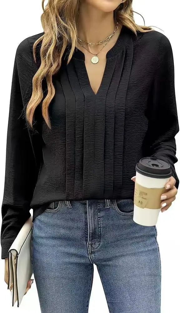 Temperament Commute Long Sleeve Solid Color Sweet Top Women's V - neck Design - Honesty Sales
