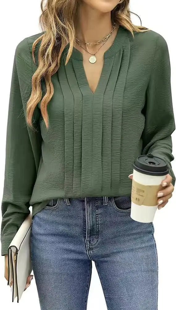 Temperament Commute Long Sleeve Solid Color Sweet Top Women's V - neck Design - Honesty Sales