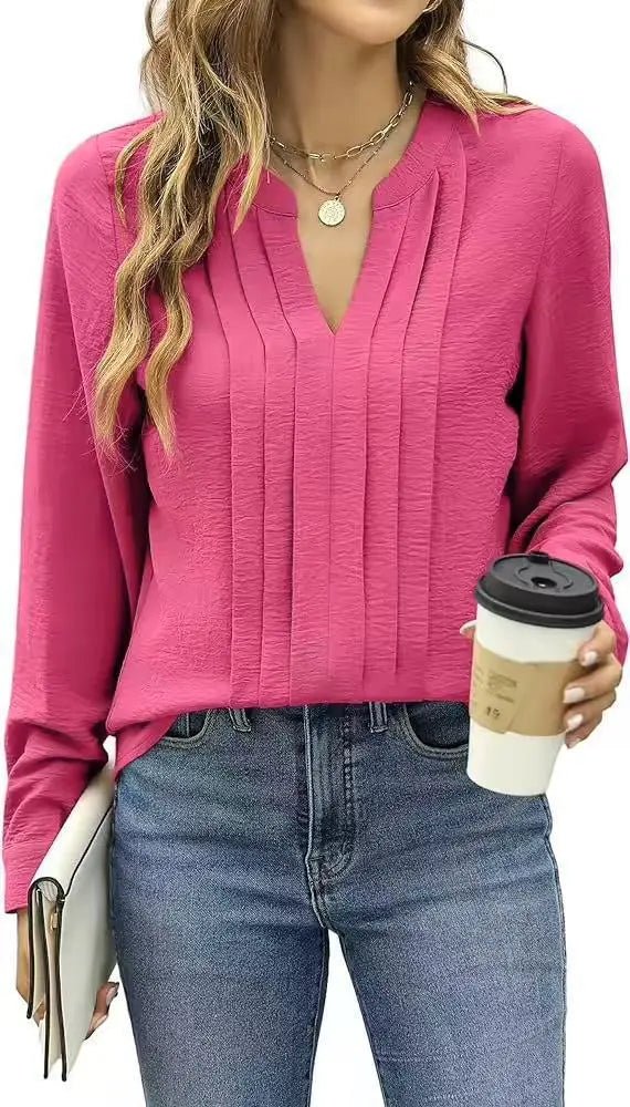 Temperament Commute Long Sleeve Solid Color Sweet Top Women's V - neck Design - Honesty Sales