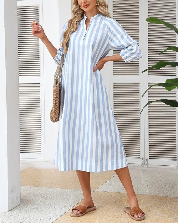 V - neck Striped Dress - shirt Skirt Thats Slimming And Relaxed - fit - Honesty Sales