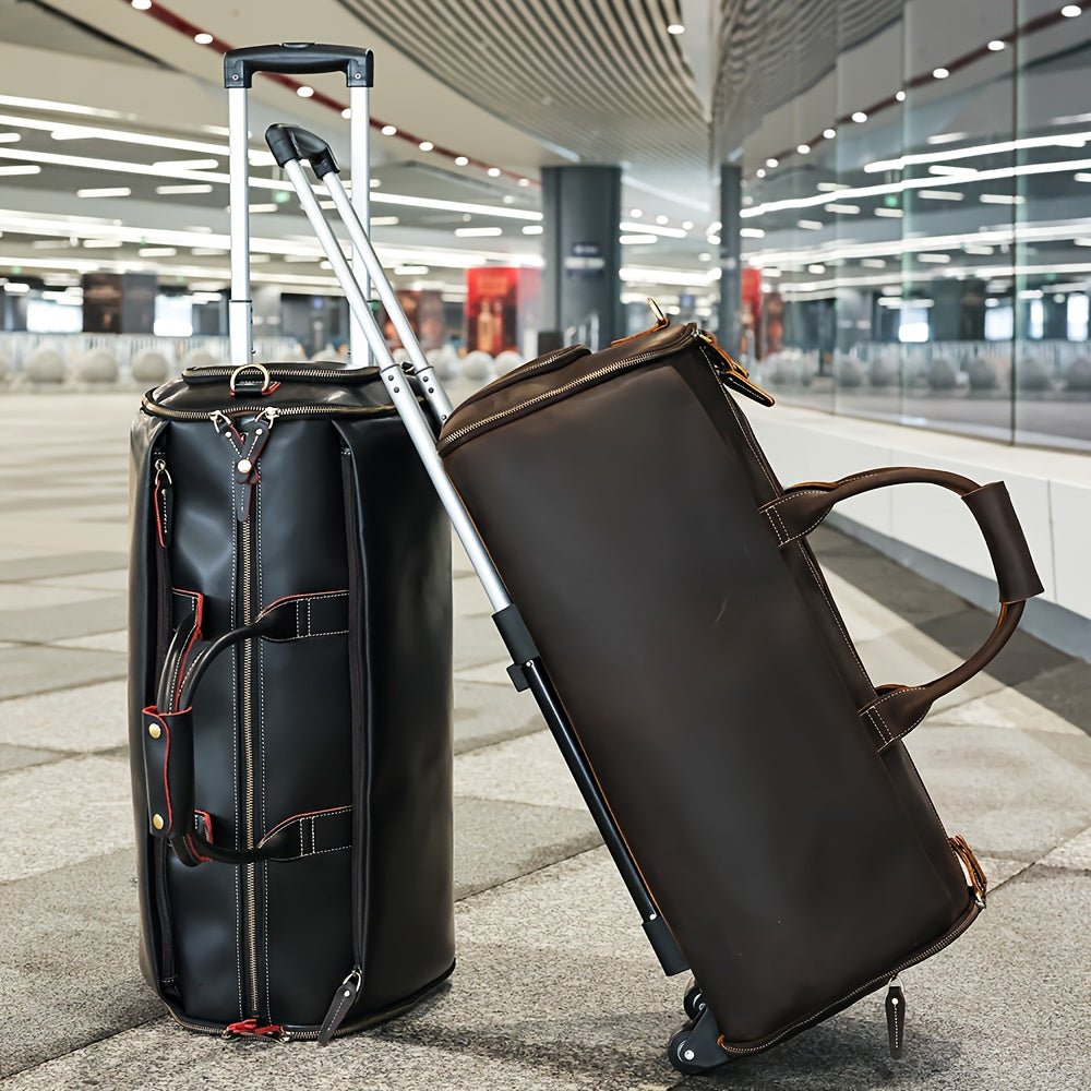 Vintage Genuine Leather Travel Duffel Bag – Telescopic Handle, Lightweight Black Weekend Bag - Honesty Sales