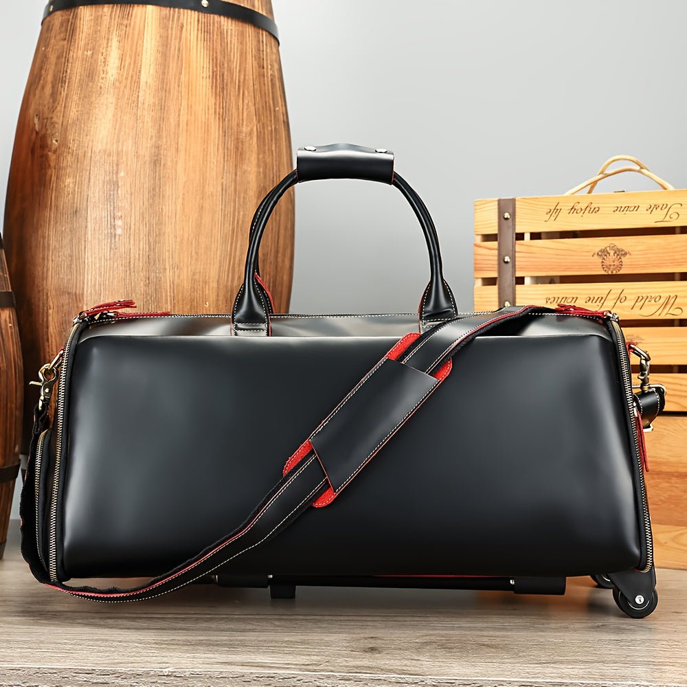 Vintage Genuine Leather Travel Duffel Bag – Telescopic Handle, Lightweight Black Weekend Bag - Honesty Sales