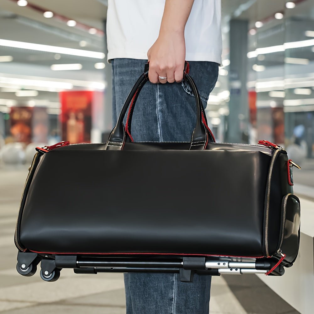 Vintage Genuine Leather Travel Duffel Bag – Telescopic Handle, Lightweight Black Weekend Bag - Honesty Sales