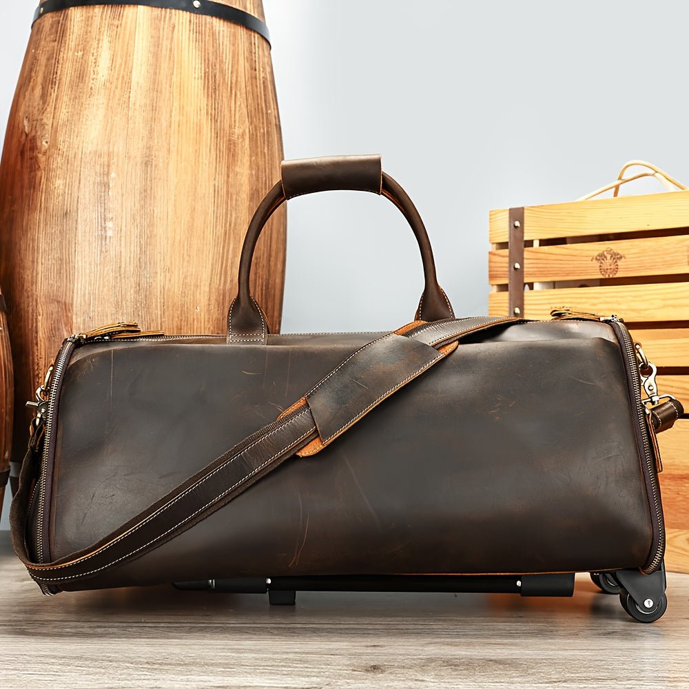 Vintage Genuine Leather Travel Duffel Bag – Telescopic Handle, Lightweight Black Weekend Bag - Honesty Sales
