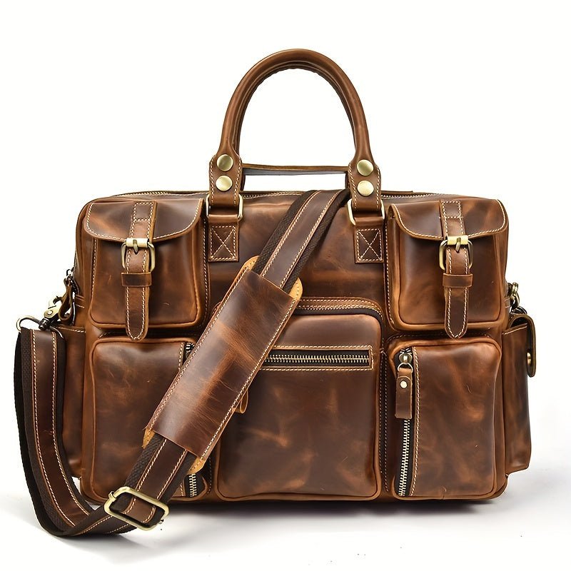 Vintage Men’s Full - Grain Leather Briefcase – 40.6cm Laptop Business Travel Bag with Shoulder Strap - Honesty Sales