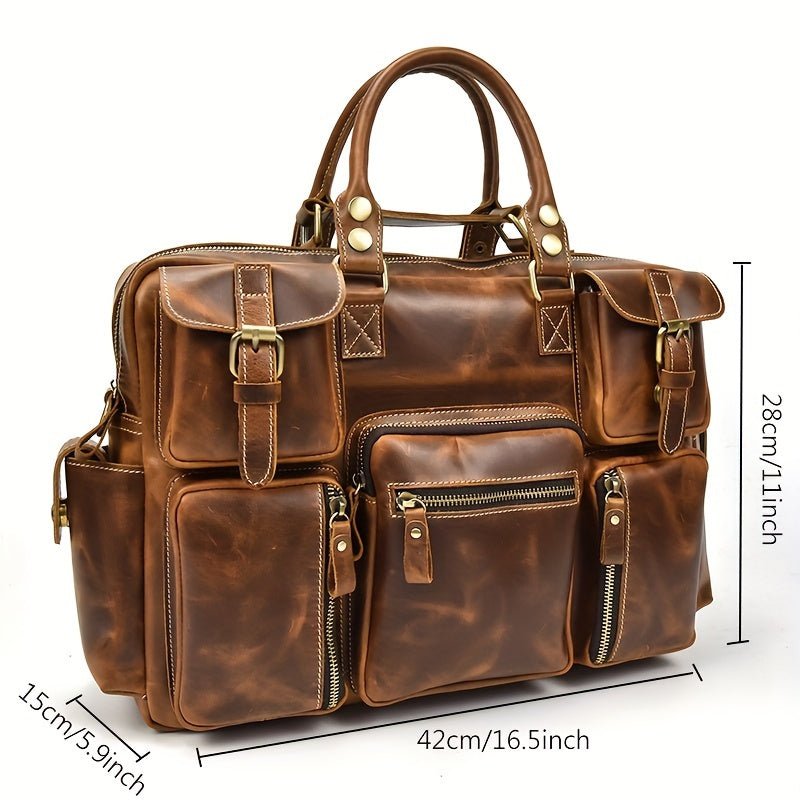 Vintage Men’s Full - Grain Leather Briefcase – 40.6cm Laptop Business Travel Bag with Shoulder Strap - Honesty Sales
