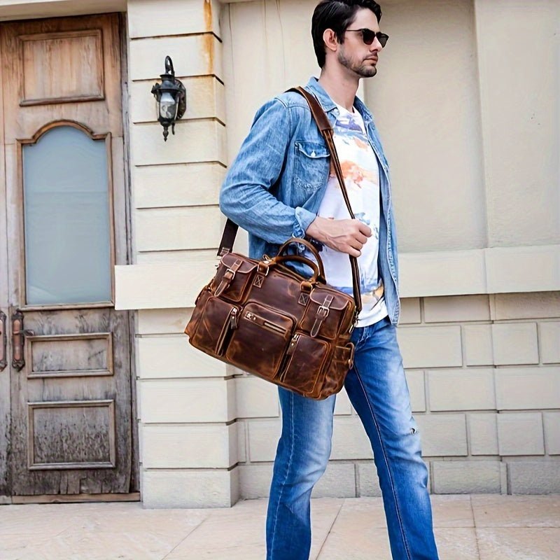 Vintage Men’s Full - Grain Leather Briefcase – 40.6cm Laptop Business Travel Bag with Shoulder Strap - Honesty Sales