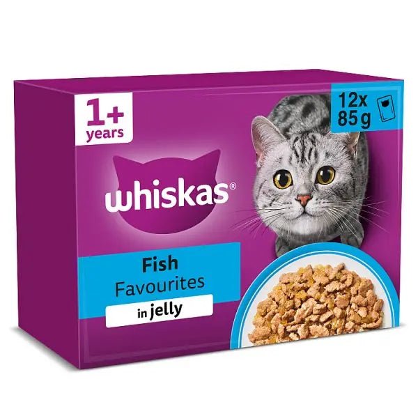 WHISKAS 1+ FISH Favourites Wet Cat Food Pouches in Jelly 12 x 85g (Case of 4) - Honesty Sales