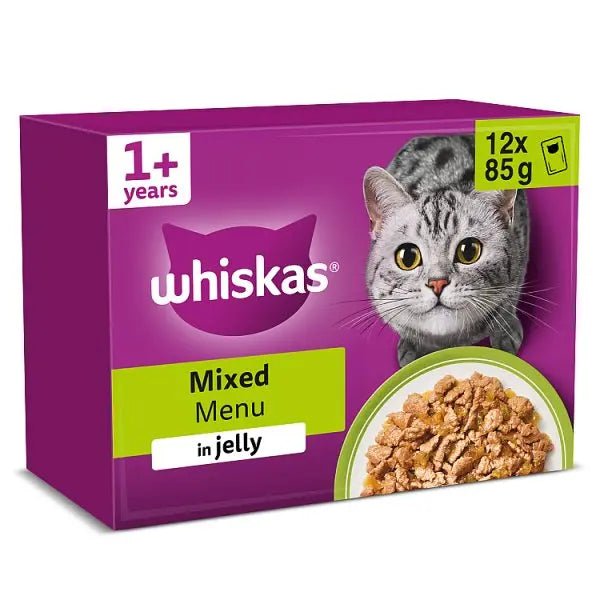 WHISKAS 1+ MIXED Menu Wet Cat Food Pouches in Jelly 12 x 85g (Case of 4) - Honesty Sales