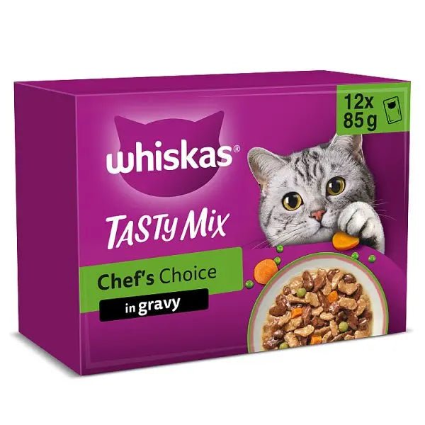 WHISKAS 1+ TASTY MIX Chefs Choice Wet Cat Food Pouches in Gravy 12 x 85g (Case of 4) - Honesty Sales