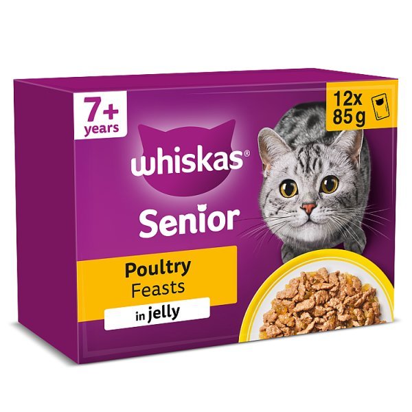 WHISKAS Senior 7+ POULTRY Feasts Wet Cat Food Pouches in Jelly 12 x 85g (4 x 12x85g) - Honesty Sales