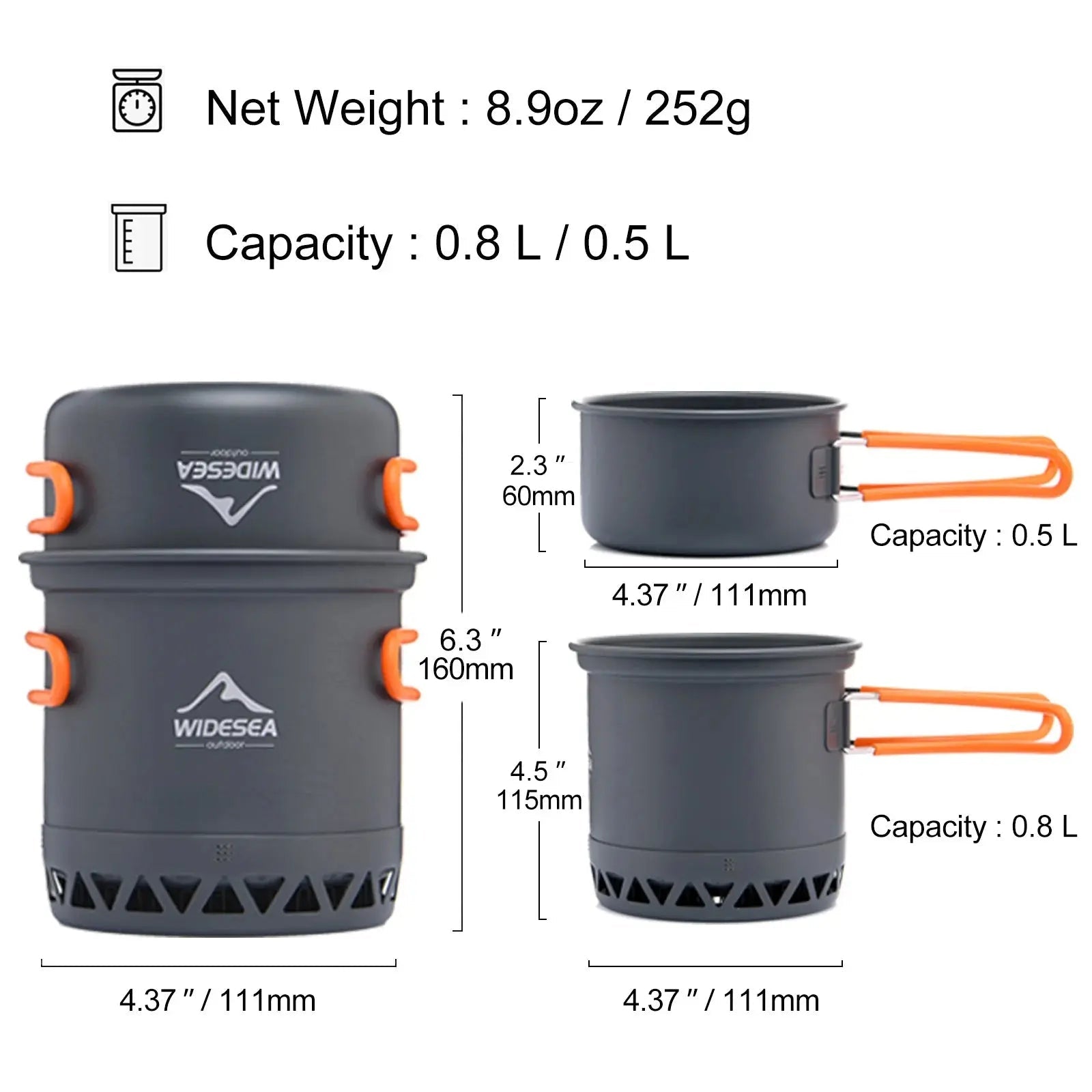 Widesea Camping 1.3L 2.3L Cookware Outdoor Cooking Set Heat Cooker Travel Tableware Pot Kettle Tourist Kitchen Utensil Equipment - Honesty Sales
