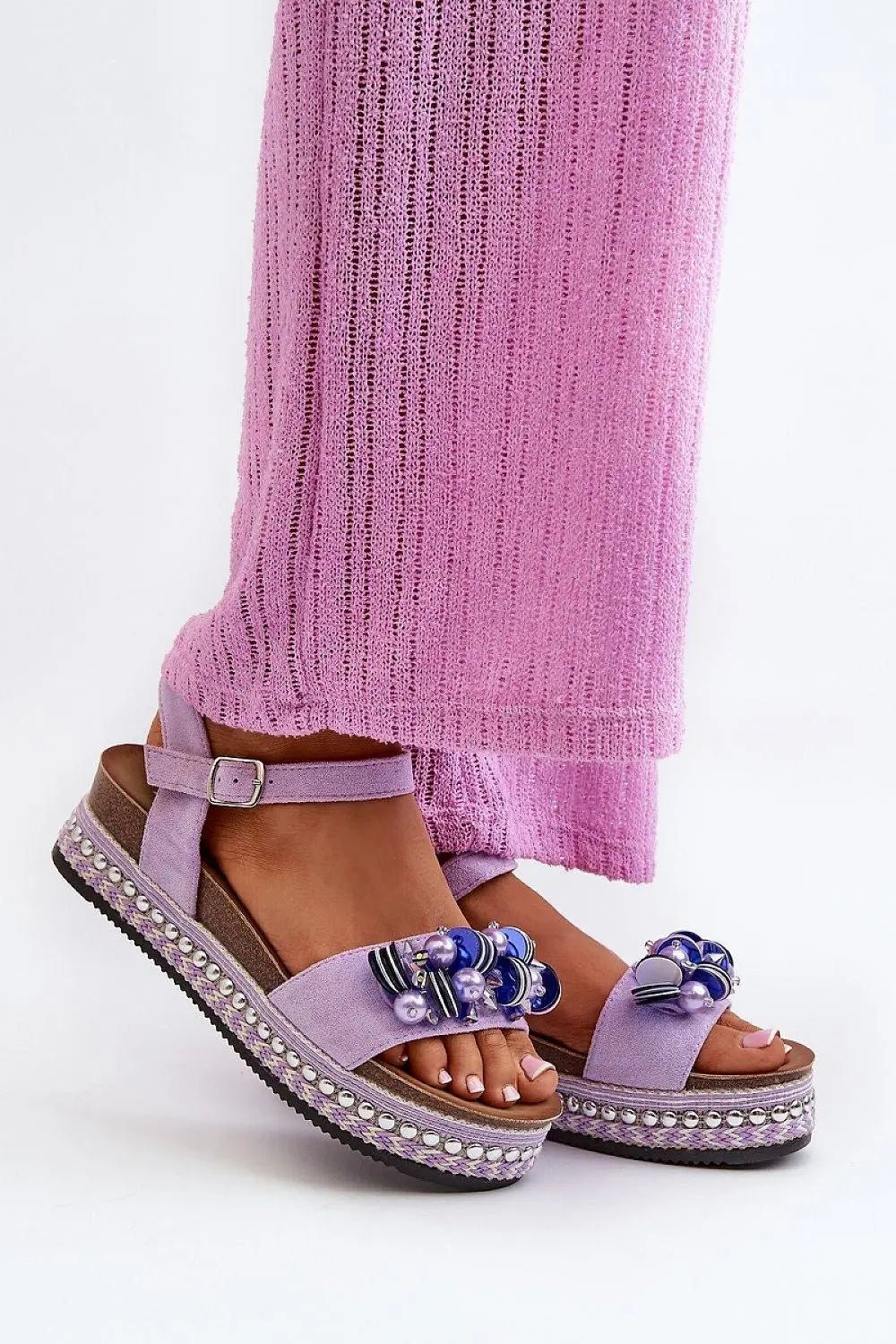 Women’s Eco-Suede Sandals – Decorated Platform with Adjustable Buckle Strap - Honesty Sales