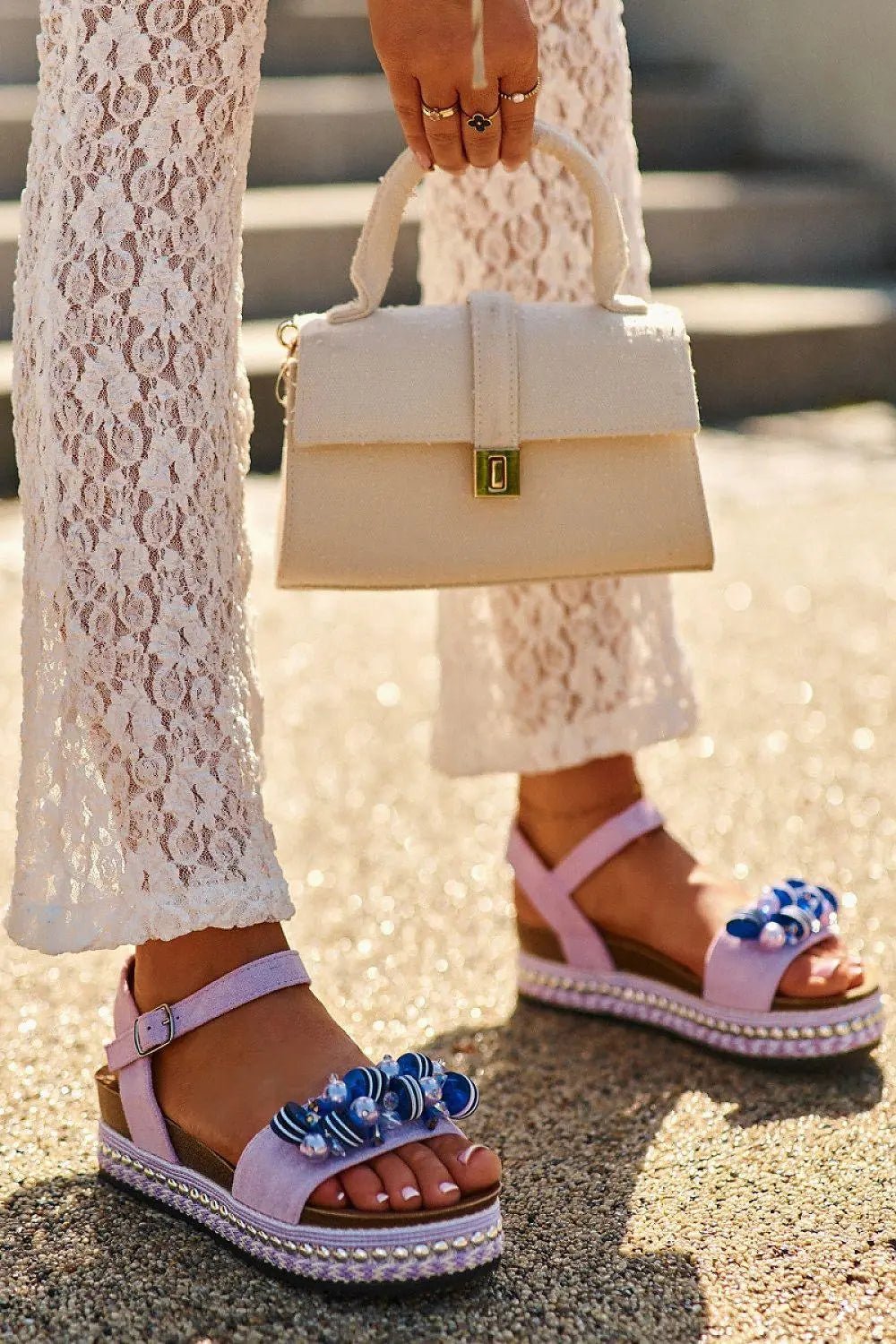 Women’s Eco-Suede Sandals – Decorated Platform with Adjustable Buckle Strap - Honesty Sales