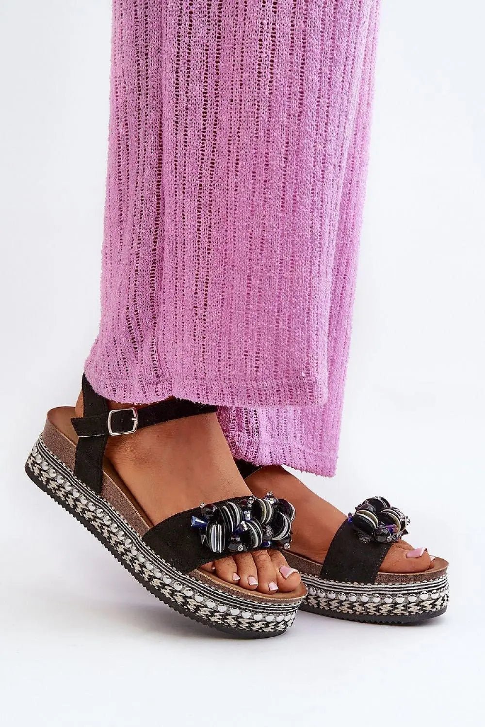 Women’s Eco-Suede Sandals – Decorated Platform with Adjustable Buckle Strap - Honesty Sales