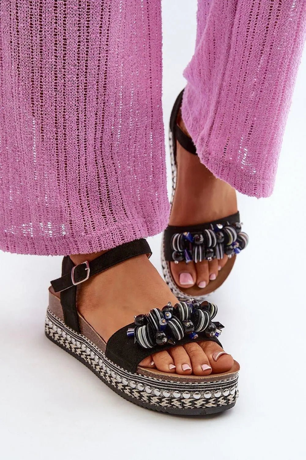 Women’s Eco-Suede Sandals – Decorated Platform with Adjustable Buckle Strap - Honesty Sales