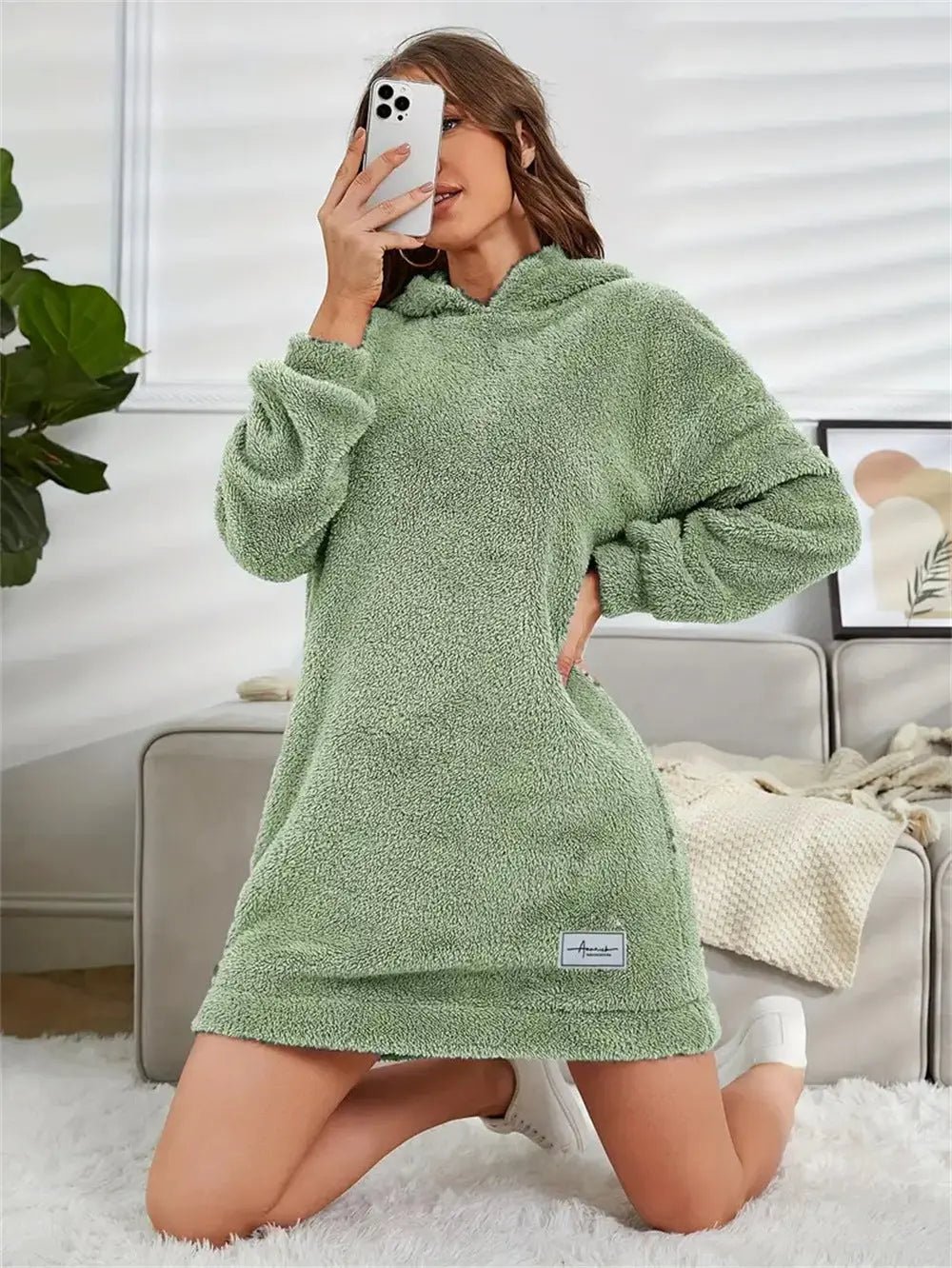 Women's Hooded Long Sleeve Plush Dress - Honesty Sales