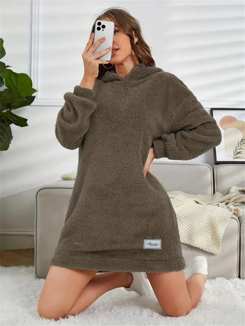 Women's Hooded Long Sleeve Plush Dress - Honesty Sales