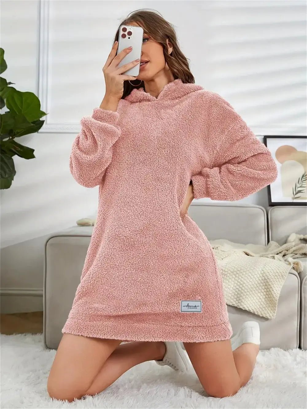 Women's Hooded Long Sleeve Plush Dress - Honesty Sales