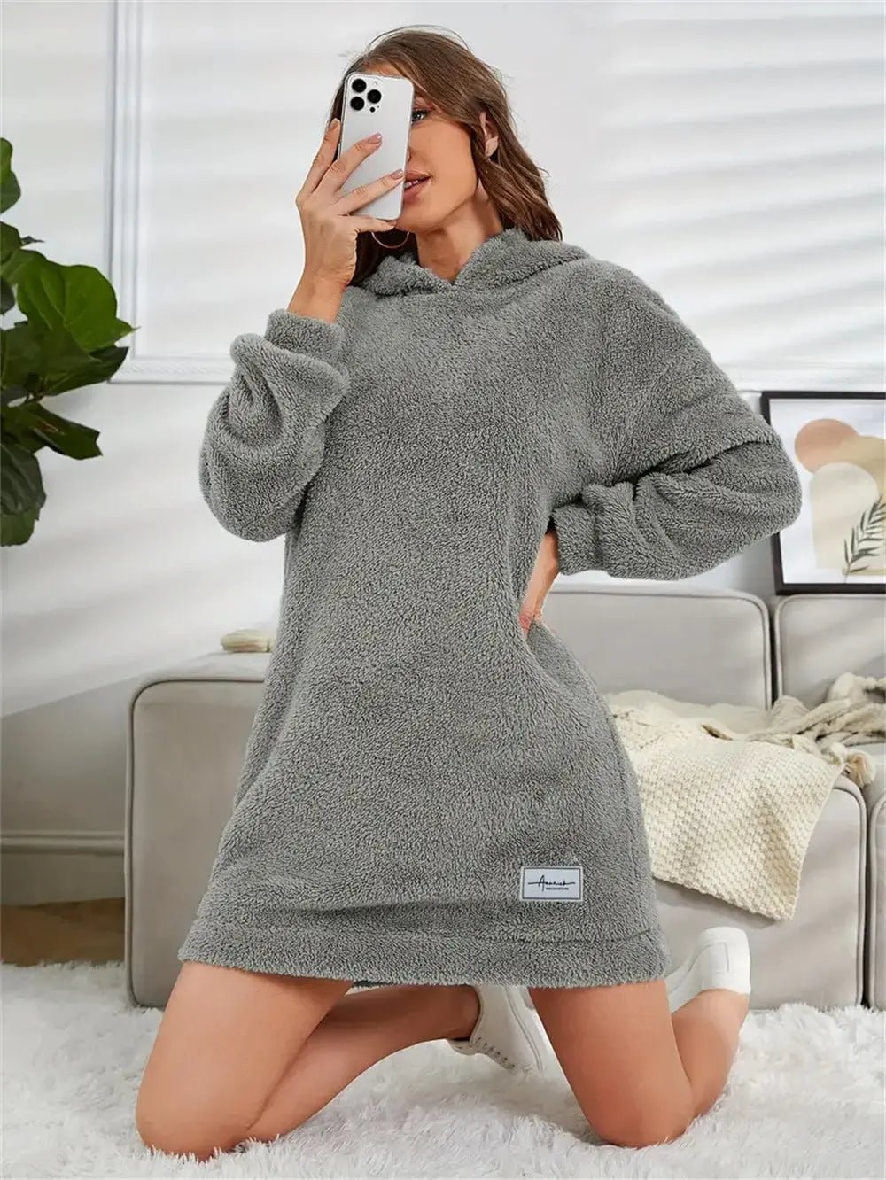 Women's Hooded Long Sleeve Plush Dress - Honesty Sales