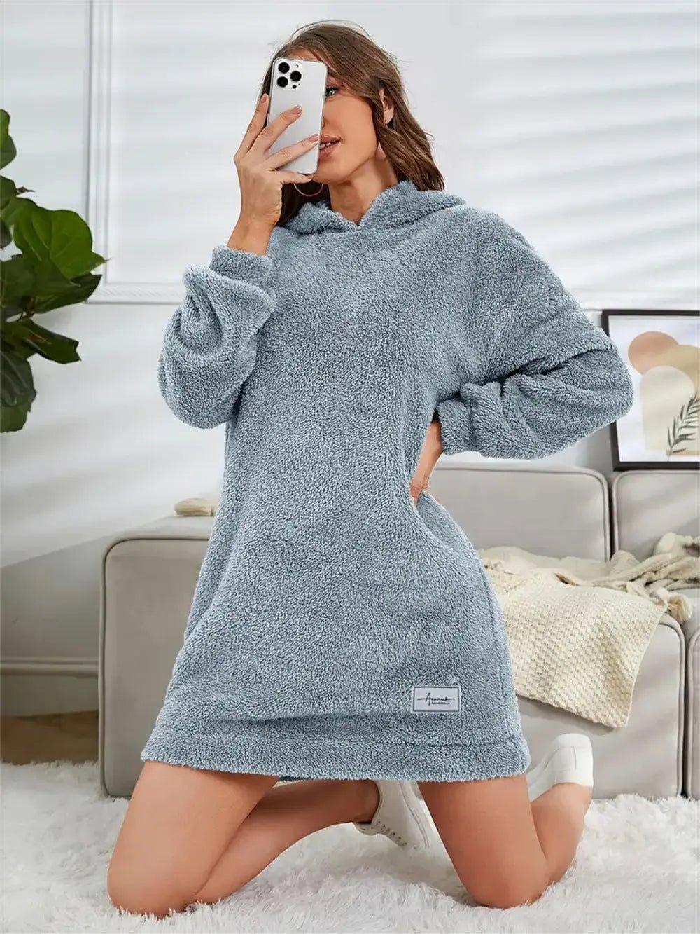 Women's Hooded Long Sleeve Plush Dress - Honesty Sales