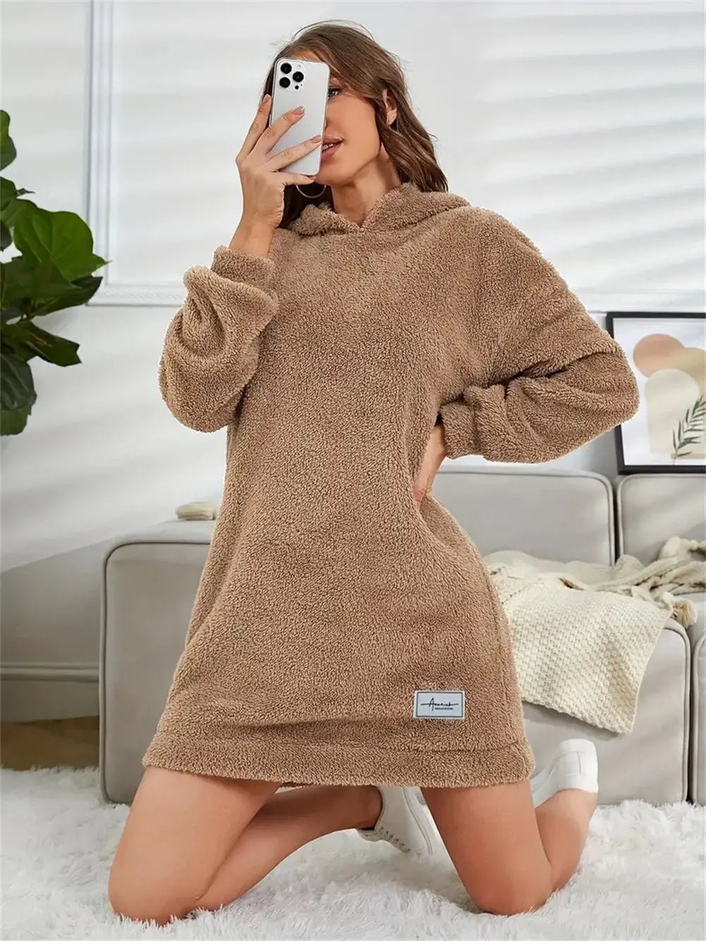 Women's Hooded Long Sleeve Plush Dress - Honesty Sales