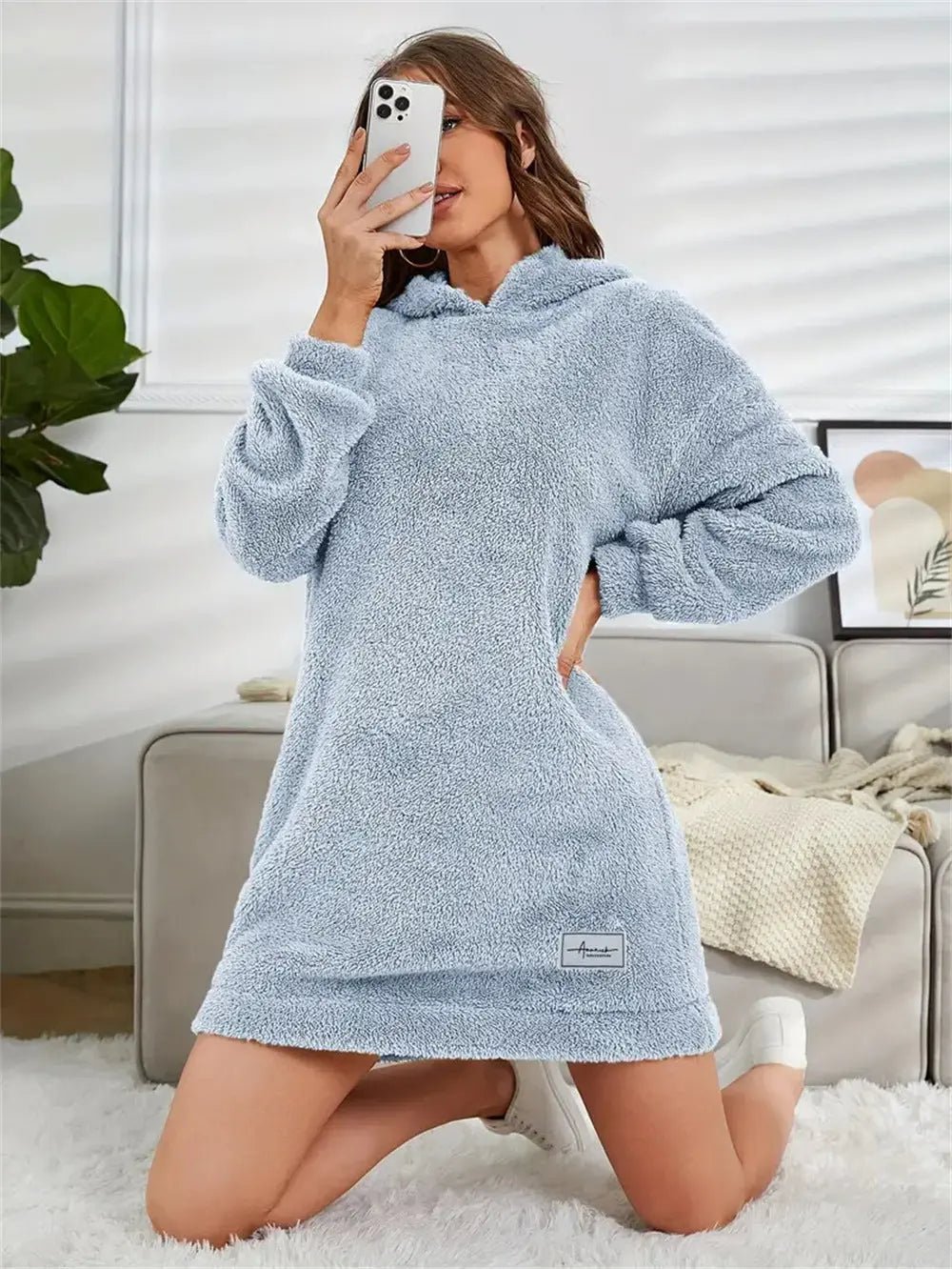 Women's Hooded Long Sleeve Plush Dress - Honesty Sales