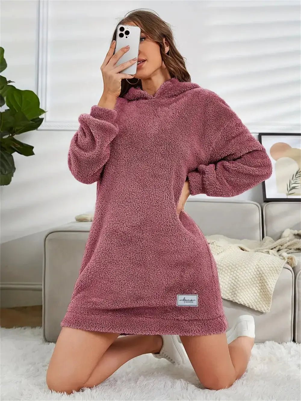 Women's Hooded Long Sleeve Plush Dress - Honesty Sales