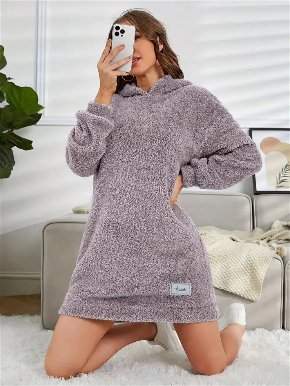 Women's Hooded Long Sleeve Plush Dress - Honesty Sales