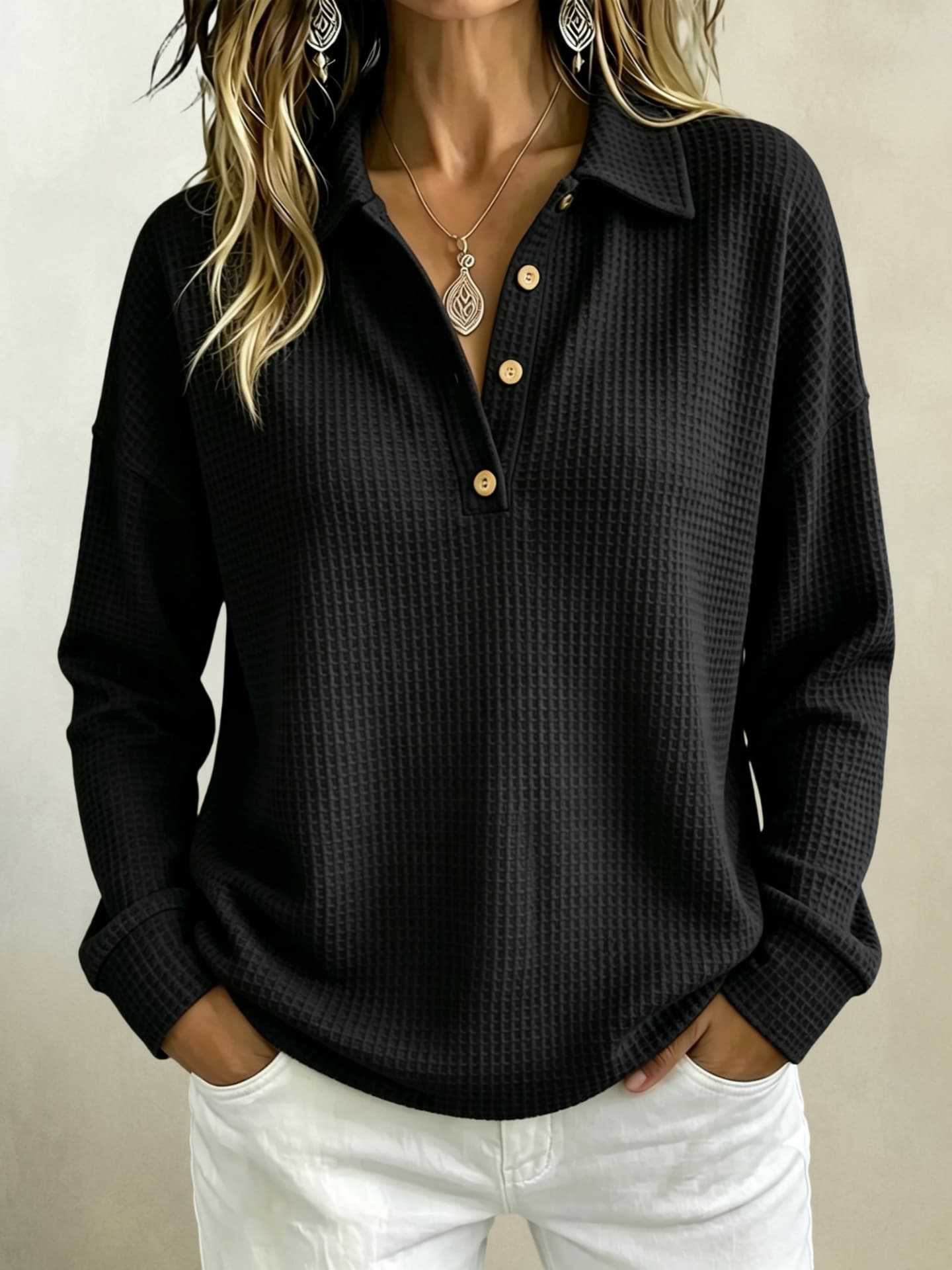Womens Loose-fitting Long-sleeve Top With A Button-down Collar - Honesty Sales