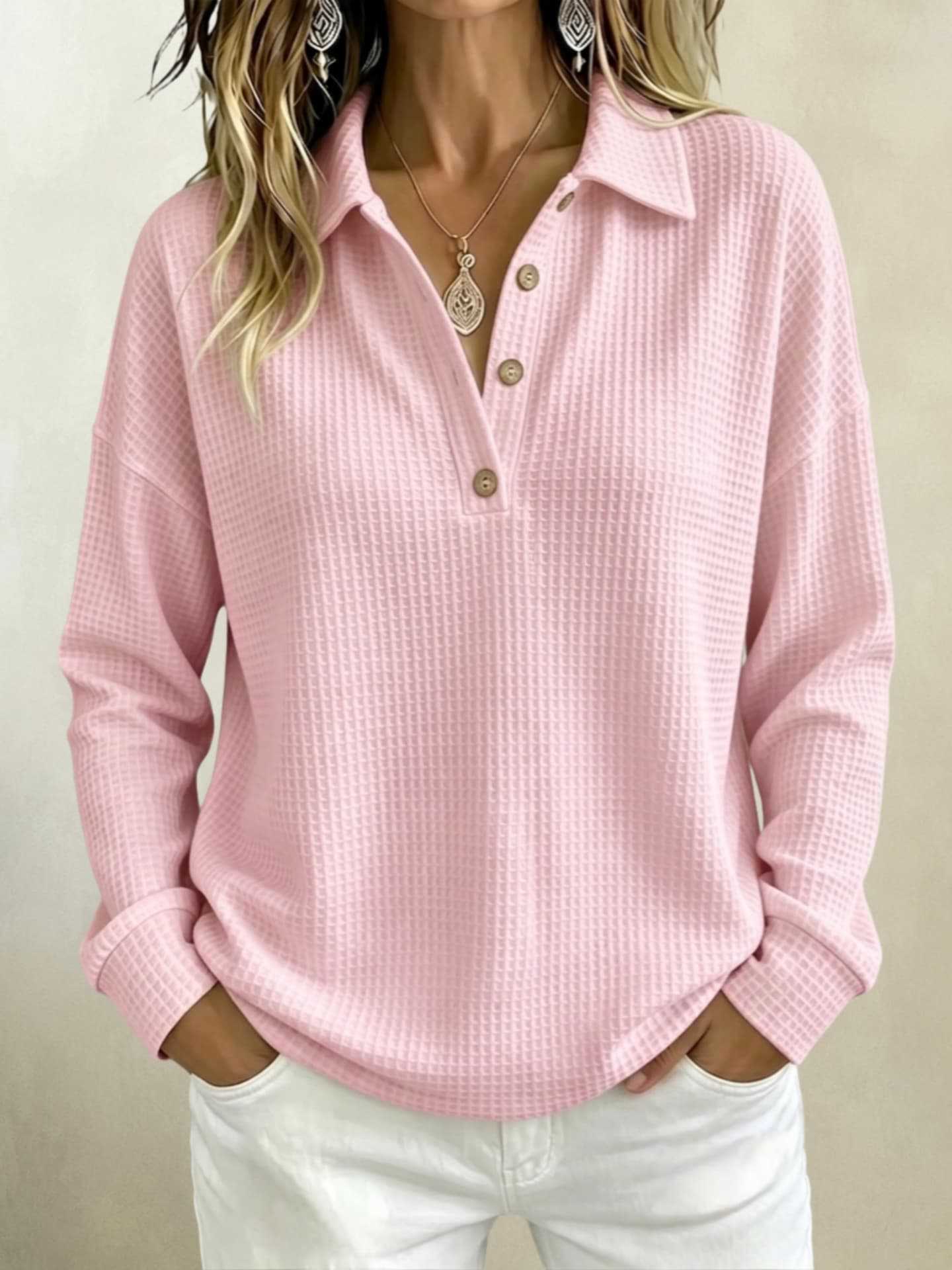 Womens Loose-fitting Long-sleeve Top With A Button-down Collar - Honesty Sales