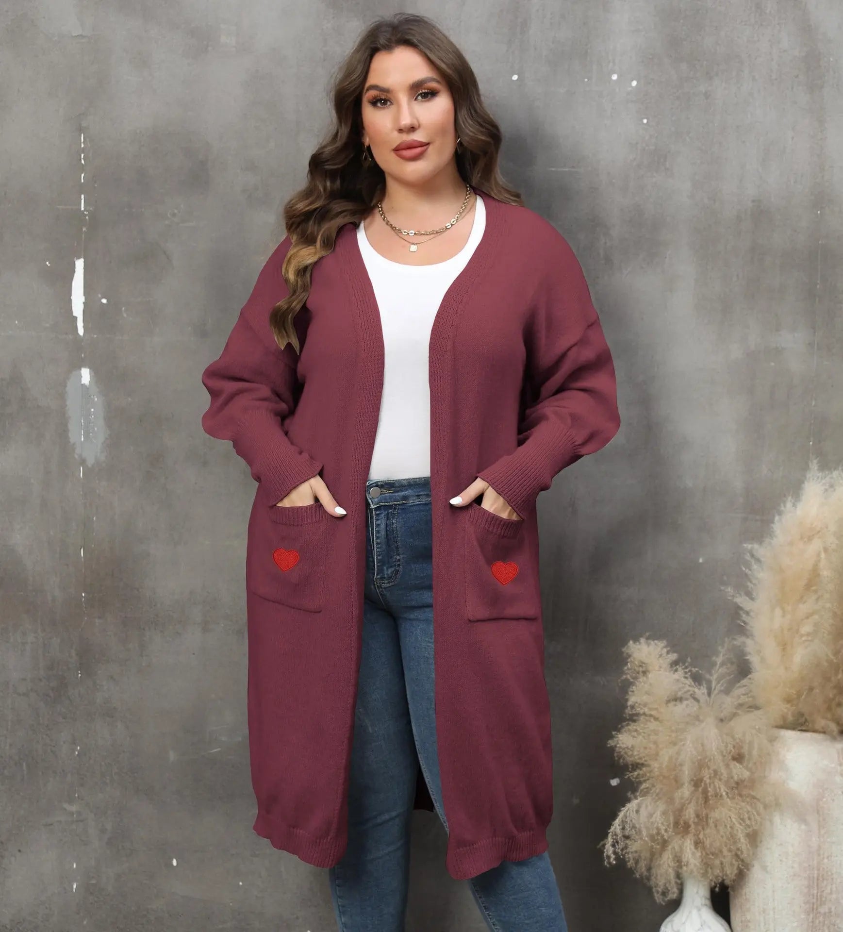 Women's Plus Size Mid - length Woven Love Double Pocket Lantern Sleeve Sweater Cardigan - Honesty Sales
