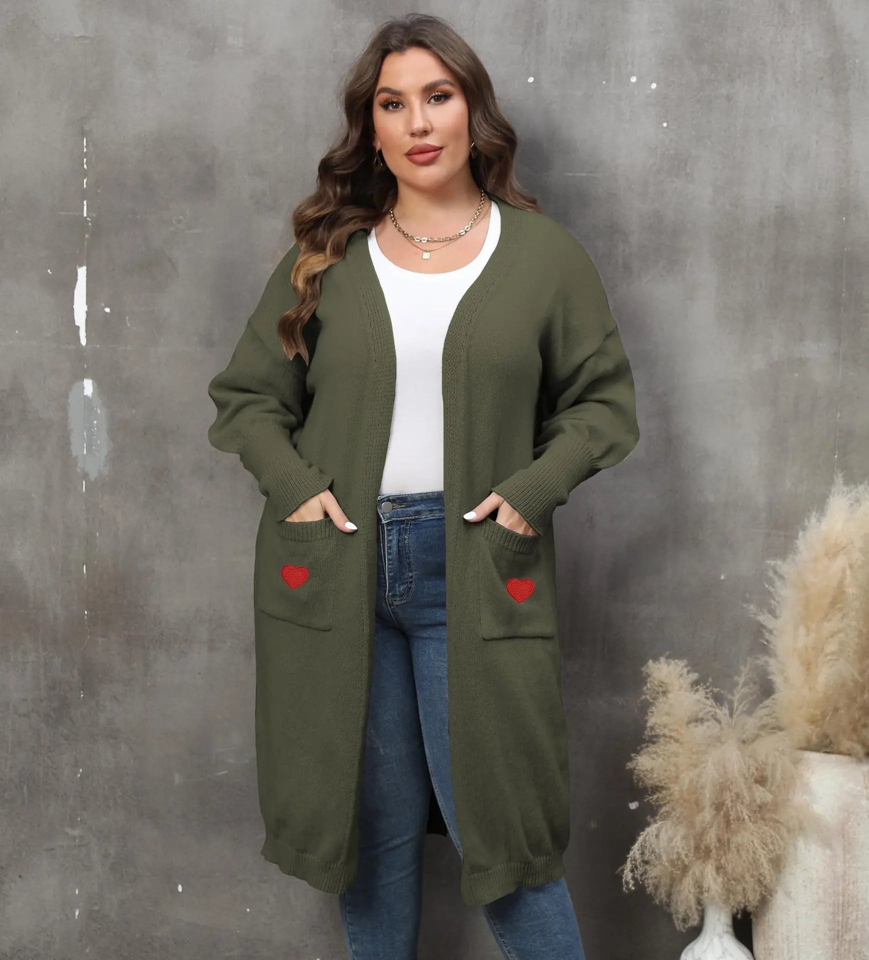 Women's Plus Size Mid - length Woven Love Double Pocket Lantern Sleeve Sweater Cardigan - Honesty Sales