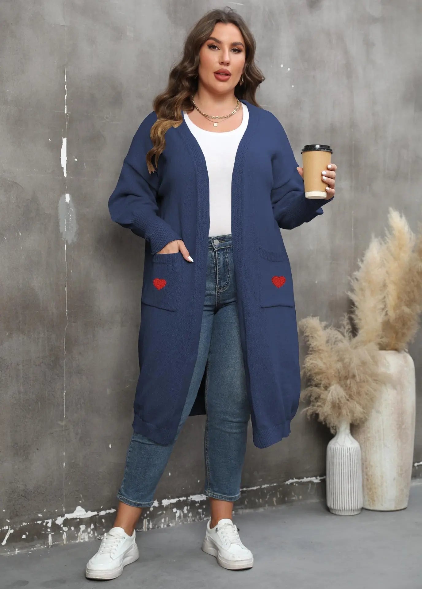 Women's Plus Size Mid - length Woven Love Double Pocket Lantern Sleeve Sweater Cardigan - Honesty Sales