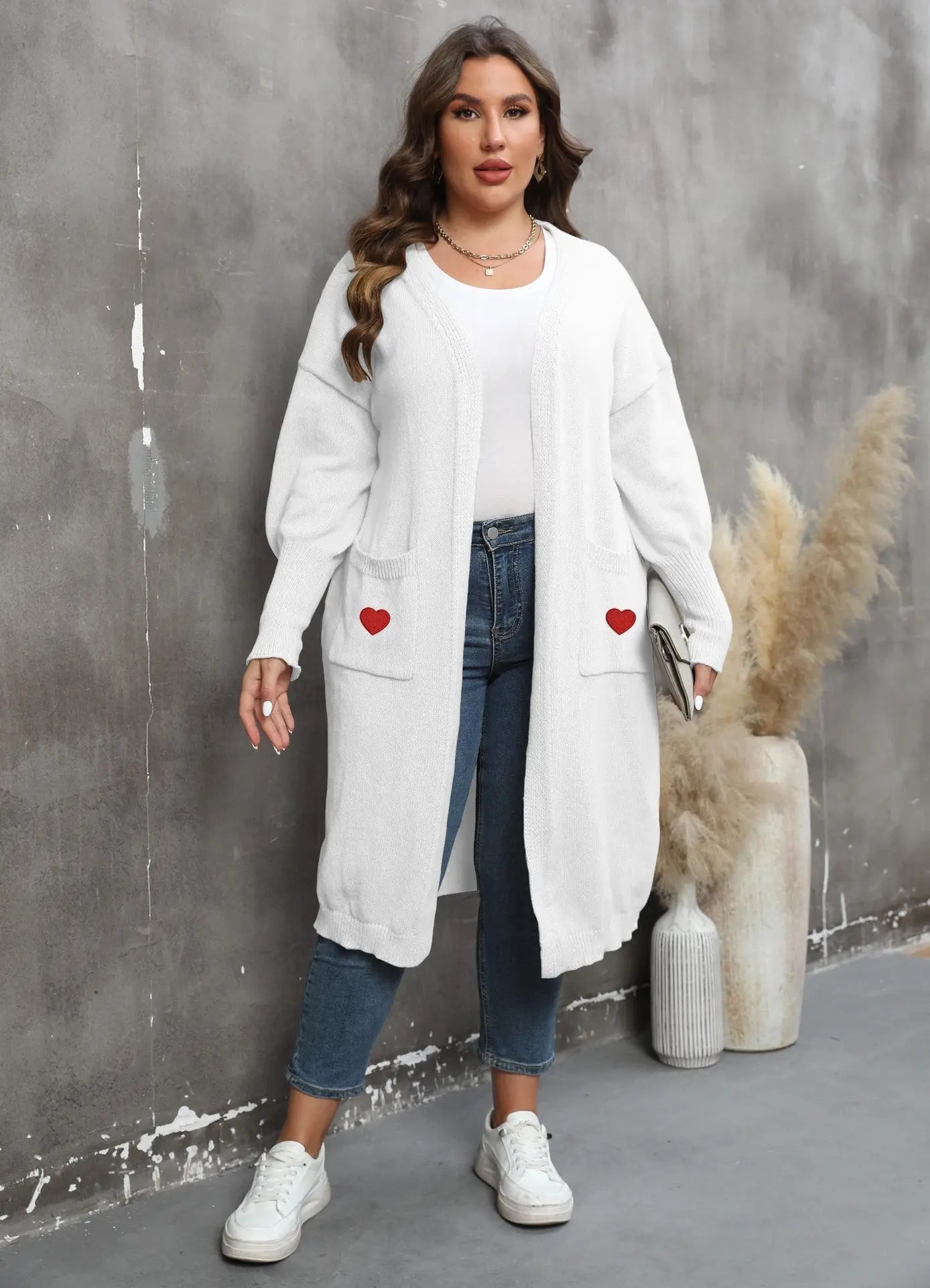 Women's Plus Size Mid - length Woven Love Double Pocket Lantern Sleeve Sweater Cardigan - Honesty Sales