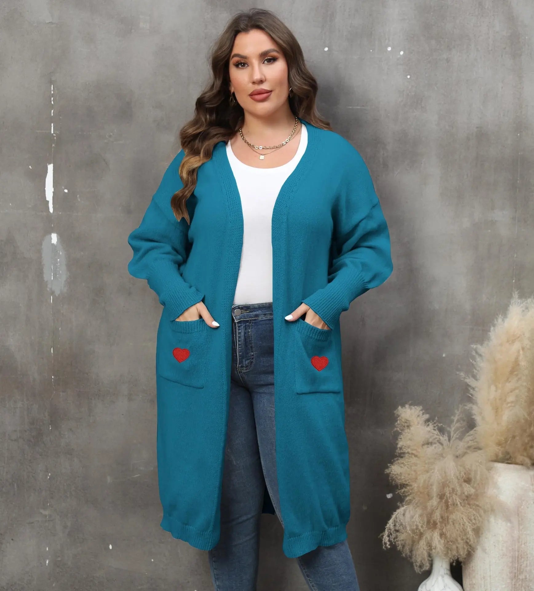 Women's Plus Size Mid - length Woven Love Double Pocket Lantern Sleeve Sweater Cardigan - Honesty Sales