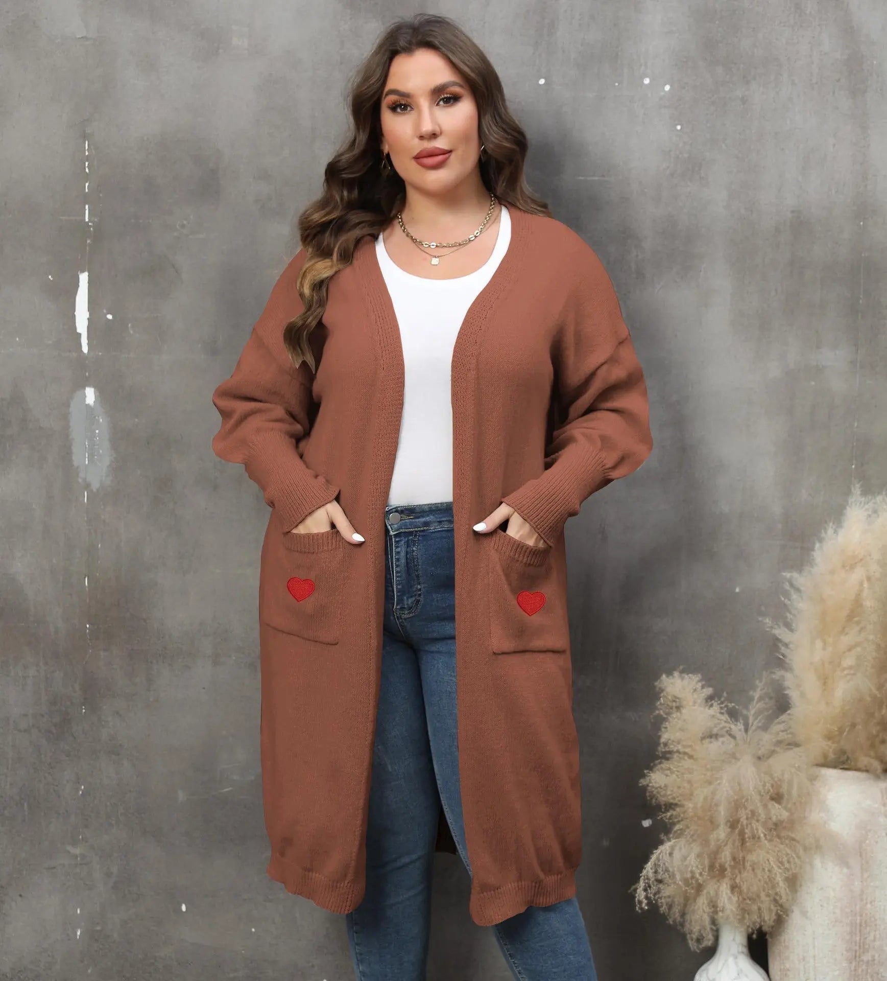 Women's Plus Size Mid - length Woven Love Double Pocket Lantern Sleeve Sweater Cardigan - Honesty Sales