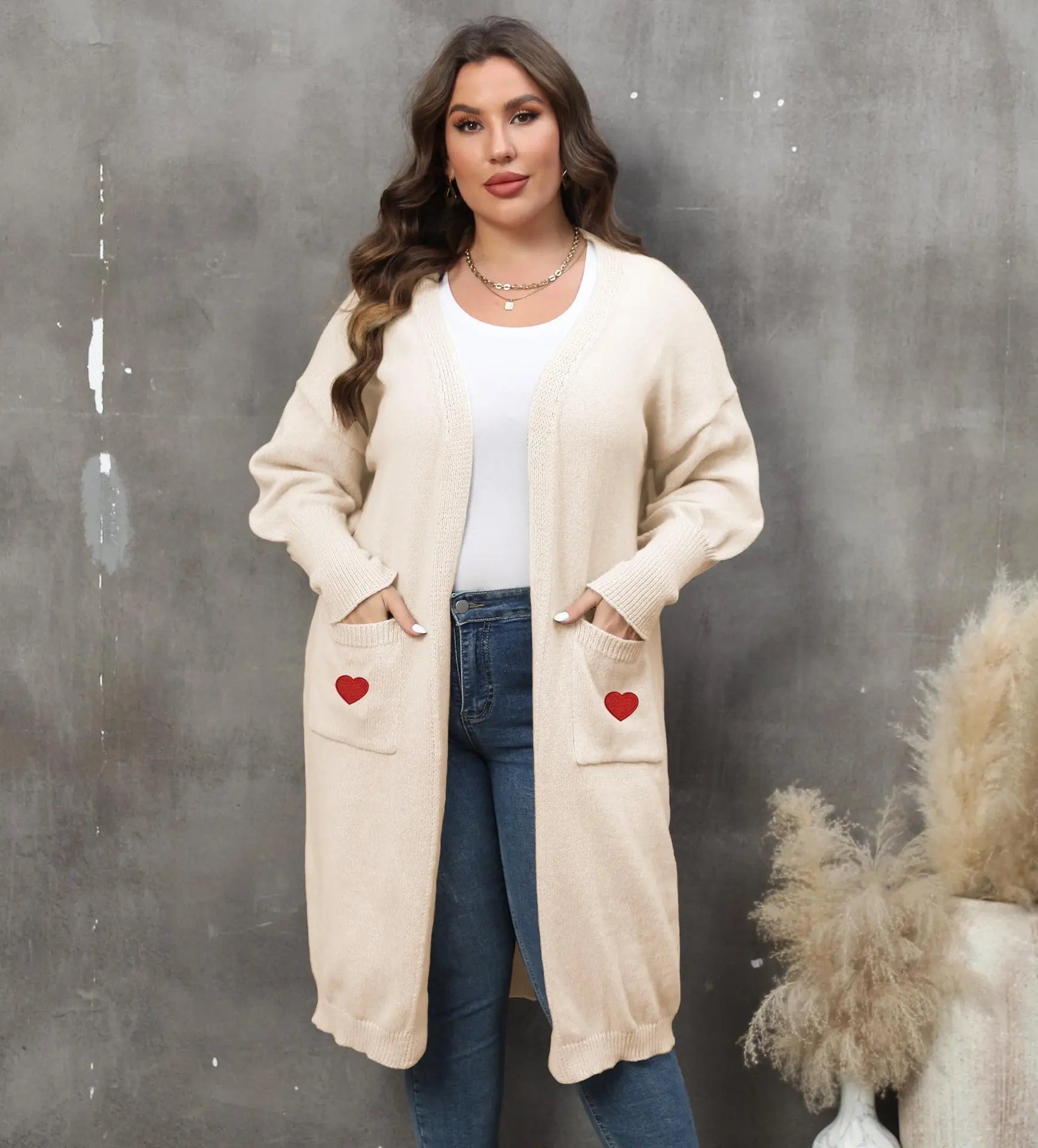 Women's Plus Size Mid - length Woven Love Double Pocket Lantern Sleeve Sweater Cardigan - Honesty Sales