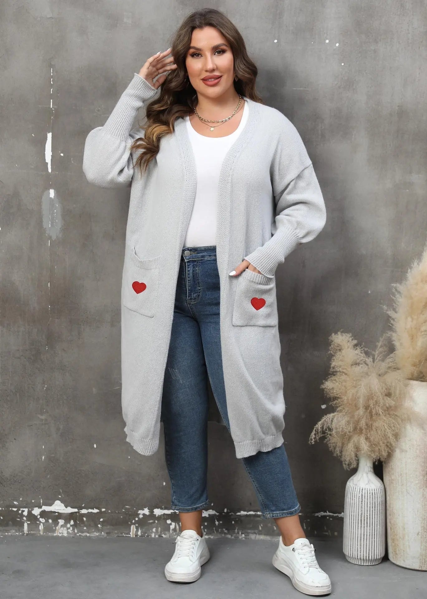 Women's Plus Size Mid - length Woven Love Double Pocket Lantern Sleeve Sweater Cardigan - Honesty Sales
