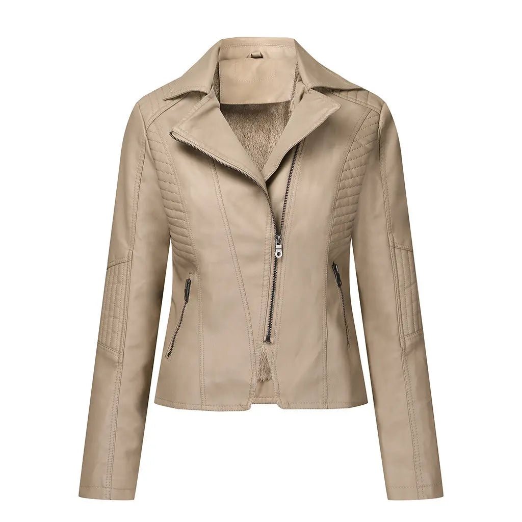 Women's Plush Leather Jacket Oblique Zipper Short Women Jacket Casual Jacket - Honesty Sales