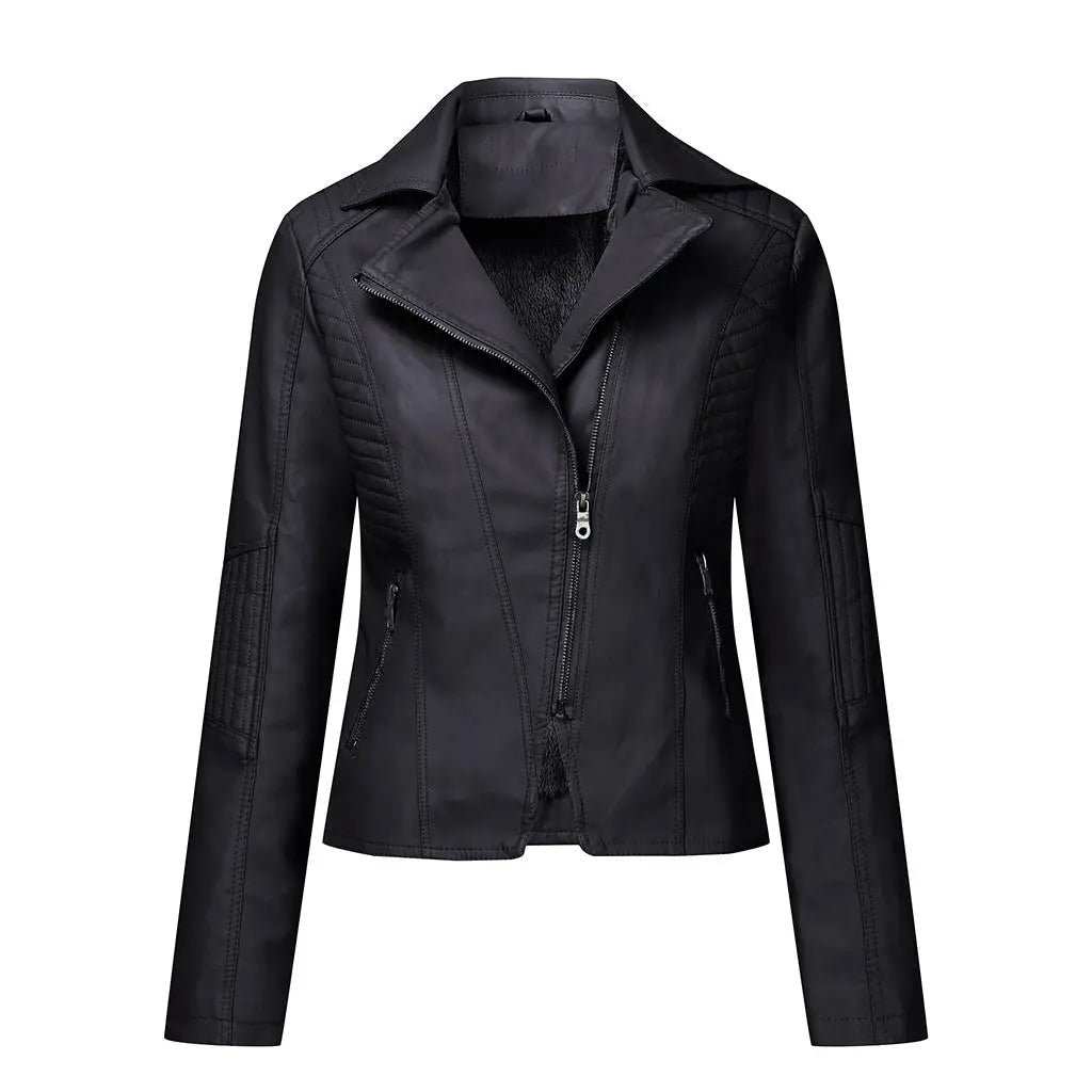 Women's Plush Leather Jacket Oblique Zipper Short Women Jacket Casual Jacket - Honesty Sales