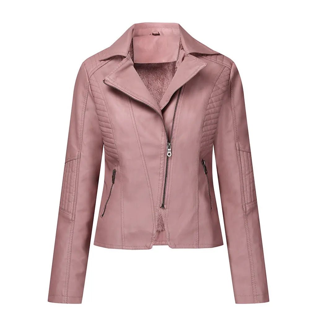 Women's Plush Leather Jacket Oblique Zipper Short Women Jacket Casual Jacket - Honesty Sales