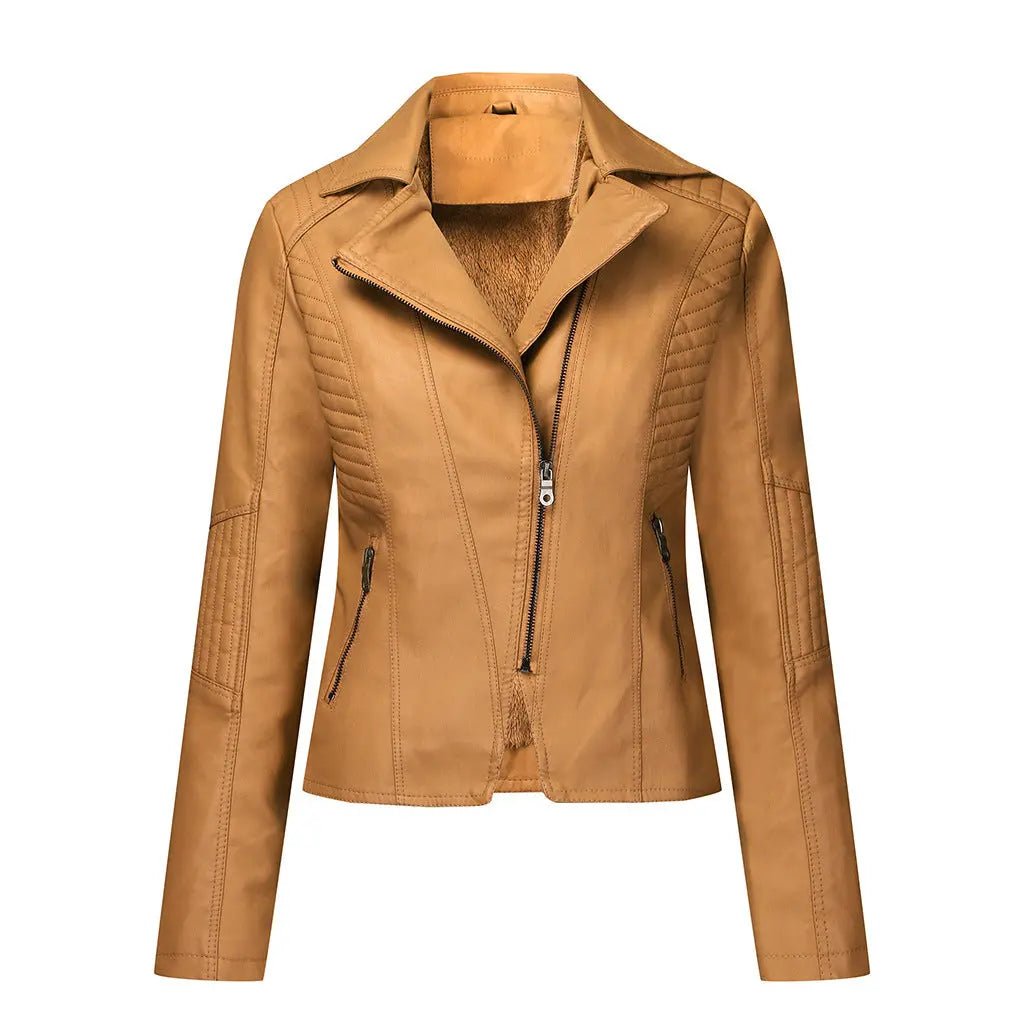 Women's Plush Leather Jacket Oblique Zipper Short Women Jacket Casual Jacket - Honesty Sales