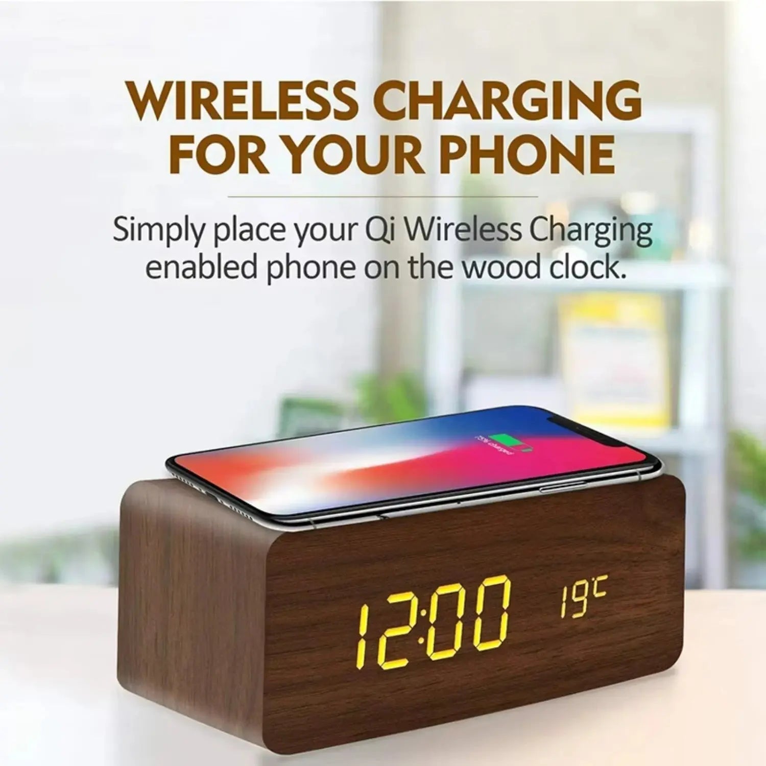 Wooden Digital Alarm Clock with Wireless Charging, Clock with Time, Date,Temperature, Desk Clocks Office,Bedside Clock Clock - Honesty Sales