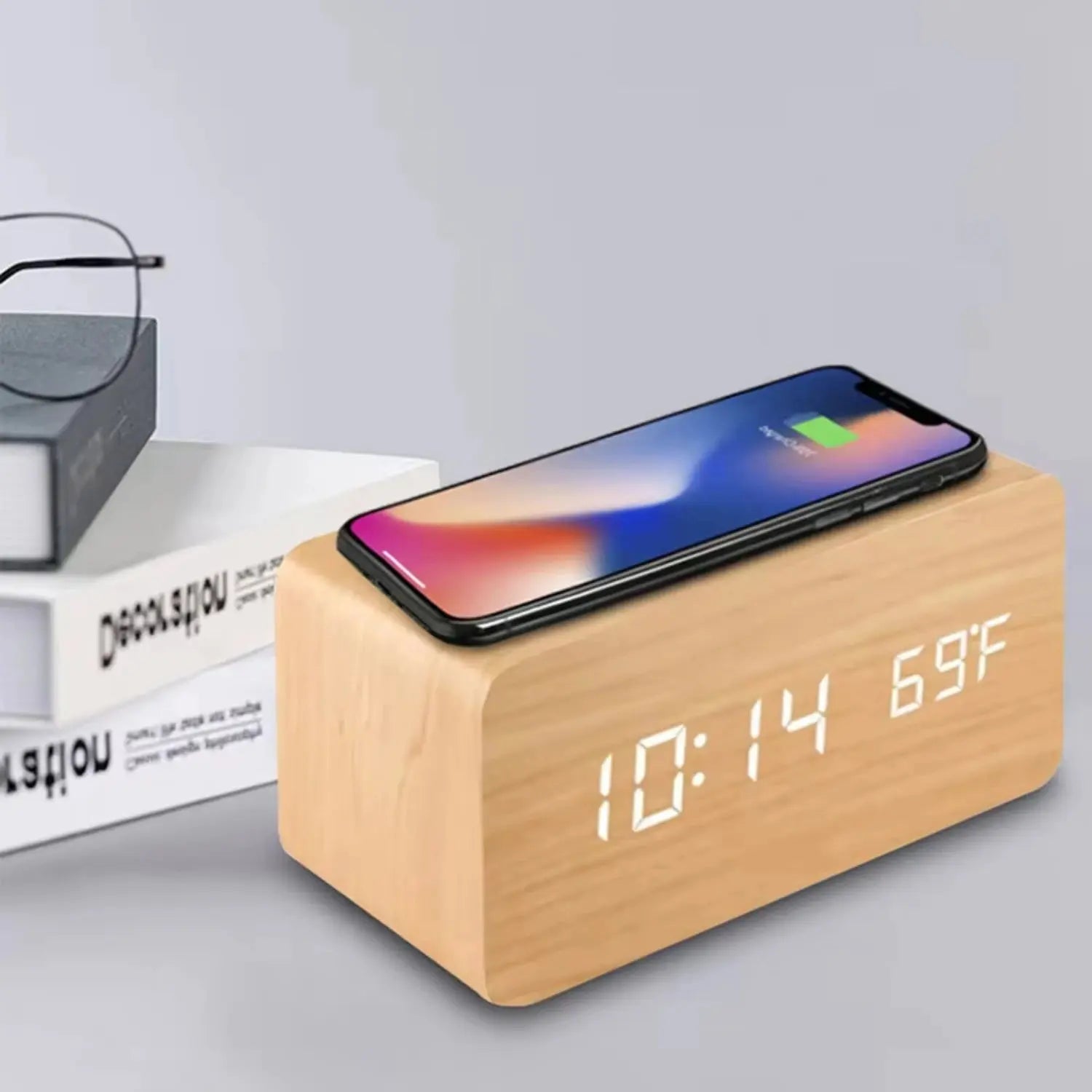 Wooden Digital Alarm Clock with Wireless Charging, Clock with Time, Date,Temperature, Desk Clocks Office,Bedside Clock Clock - Honesty Sales
